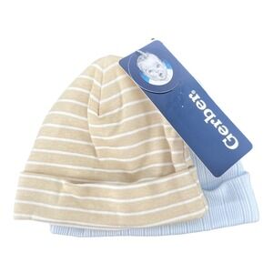 Gerber Beanie Caps Baby Boy 0-6M Tan Blue Striped Ribbed Cotton 2 Pack